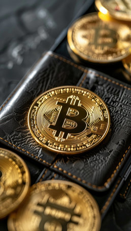 A black leather wallet with a large gold Bitcoin coin on top of it and several smaller Bitcoin coins scattered around.の素材