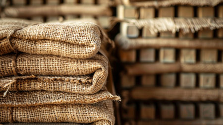 A stack of burlap sacks in front of a wooden backgroundの素材