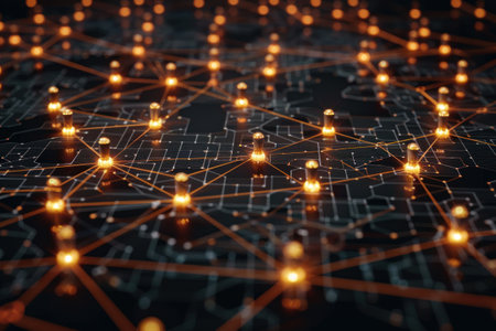 A glowing orange circuit board with many connection points.の素材