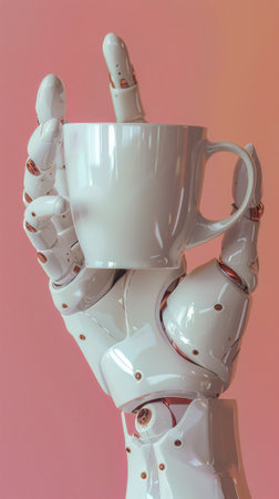 A white robotic hand is holding a white coffee cup. The background is pink.の素材
