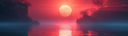 Red moon rising over dark waterの素材
