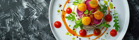 A beautiful plate of food with colorful vegetables and a creamy sauce..の素材