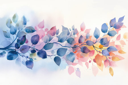 A branch of leaves in watercolor. The leaves are blue, purple, pink, and yellow. The background is white.の素材