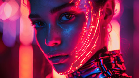 Portrait of a beautiful woman with glowing red and blue circuitry on her face and neckの素材