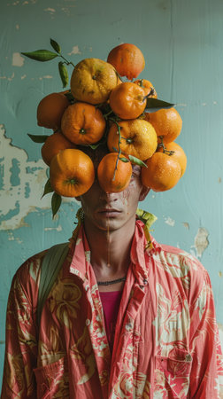 A man wearing a shirt with a tropical pattern and a bunch of oranges on his head.の素材
