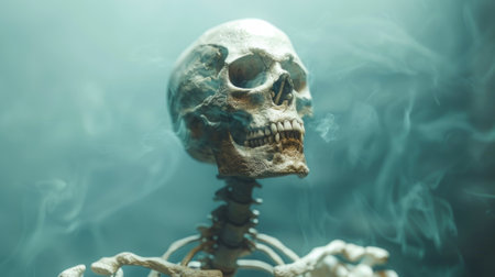 A skull surrounded by smoke on a dark backgroundの素材