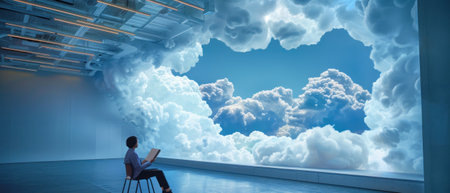 An astronaut sits on a chair in a room with a large window looking out at a beautiful cloudscape.の素材
