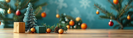 Blue and green christmas background with a miniature christmas tree, some christmas balls and a gift on a wooden tableの素材
