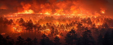 A forest engulfed in flames, highlighting the increasing frequency and intensity of wildfiresの素材