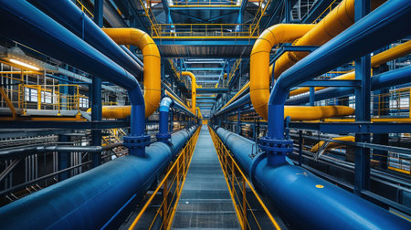 The image shows a colorful pipelines in factory, which is transporting oil and gas.の素材