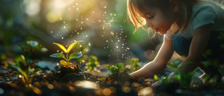 A child planting a money tree in a virtual world, watching their savings grow over timeの素材