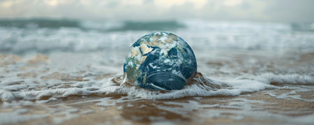 A rising tide engulfing a globe, representing the threat of rising sea levelsの素材