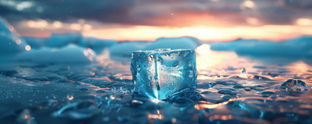 A melting ice cube as a metaphor for the disappearing glaciers and polar ice capsの素材