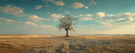 A parched and cracked earth with a lone withered tree, depicting the effects of drought caused by climate changeの素材