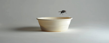 An empty ice cream bowl with a single fly buzzing around it, suggesting something sinister has happenedの素材