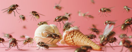 A swarm of flies buzzing around a discarded ice cream coneの素材