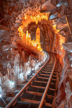 A coaster track winding through a giant crystal cave with sparkling formations and mystical energyの素材