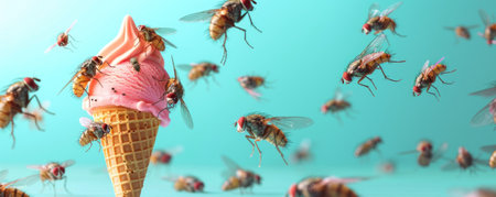A swarm of flies buzzing around a discarded ice cream coneの素材