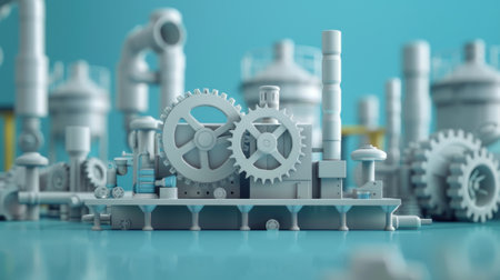 A minimalist depiction of a factory with gears turning, symbolizing industrial production and economic activityの素材