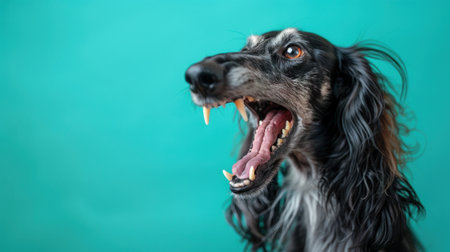 Afghan Hound, angry dog baring its teeth, studio lighting pastel backgroundの素材