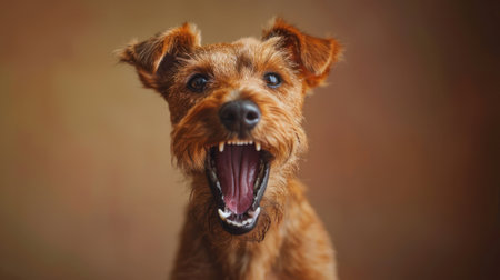Irish Terrier, angry dog baring its teeth, studio lighting pastel backgroundの素材