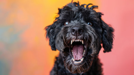 Black Russian Terrier, angry dog baring its teeth, studio lighting pastel backgroundの素材