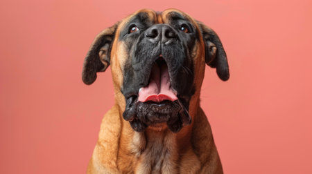 English Mastiff, angry dog baring its teeth, studio lighting pastel backgroundの素材