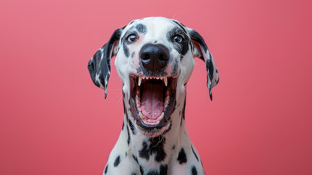 Dalmatian, angry dog baring its teeth, studio lighting pastel backgroundの素材