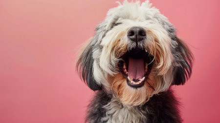 Old English Sheepdog, angry dog baring its teeth, studio lighting pastel backgroundの素材
