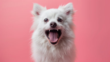 American Eskimo Dog, angry dog baring its teeth, studio lighting pastel backgroundの素材