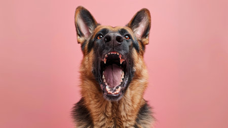 German Shepherd, angry dog baring its teeth, studio lighting pastel backgroundの素材