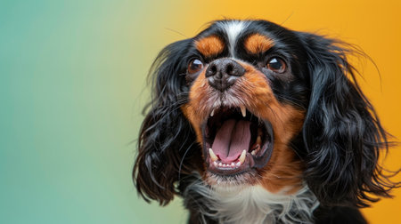 Cavalier King Charles Spaniel, angry dog baring its teeth, studio lighting pastel backgroundの素材