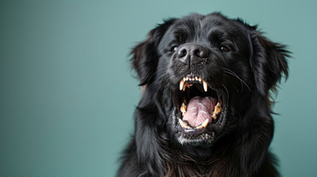 Newfoundland, angry dog baring its teeth, studio lighting pastel backgroundの素材
