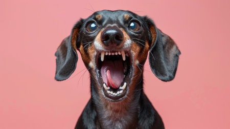 Dachshund, angry dog baring its teeth, studio lighting pastel backgroundの素材