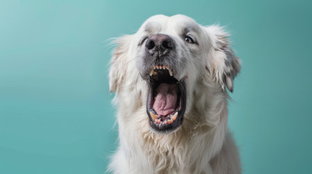 Great Pyrenees, angry dog baring its teeth, studio lighting pastel backgroundの素材