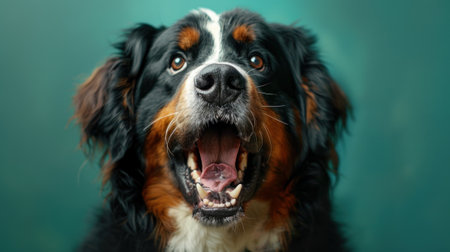 Bernese Mountain Dog, angry dog baring its teeth, studio lighting pastel backgroundの素材