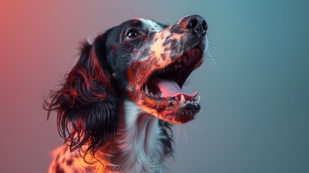 English Setter, angry dog baring its teeth, studio lighting pastel backgroundの素材