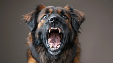 Leonberger, angry dog baring its teeth, studio lighting pastel backgroundの素材