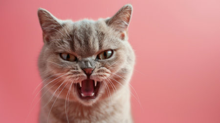 British Shorthair, angry cat baring its teeth, studio lighting pastel backgroundの素材