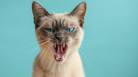 Burmese, angry cat baring its teeth, studio lighting pastel backgroundの素材