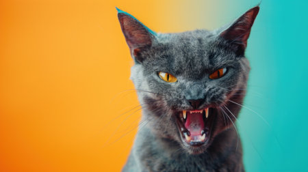 Korat, angry cat baring its teeth, studio lighting pastel backgroundの素材