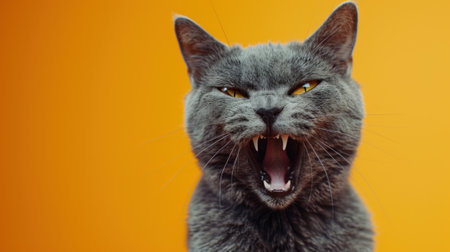 Russian Blue, angry cat baring its teeth, studio lighting pastel backgroundの素材