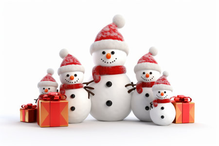 A family of snowmen wearing red hats and scarves with a few presents.の素材
