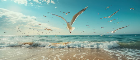 Many seagulls flying in the beachの素材