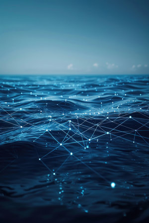 The image shows a dark blue ocean with a network of glowing blue dots and lines representing a digital network or connection.の素材