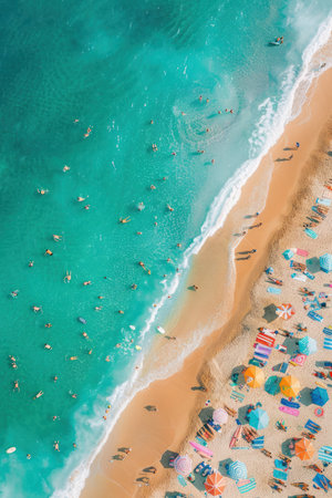 Amazing summer beach scene with people relaxing and enjoying the sun. Colorful umbrellas on the sand.の素材