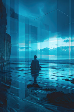 The image is a beautiful landscape of a beach with a blue sea. The water is crystal clear and the sand is white and soft. The sky is a deep blue and the sun is shining brightly.の素材