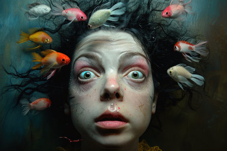 A photo of a woman with goldfish in her hair.の素材