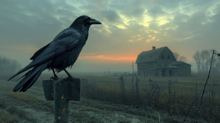 A crow perched on a spade, overlooking a desolate farm as twilight embraces decayの素材