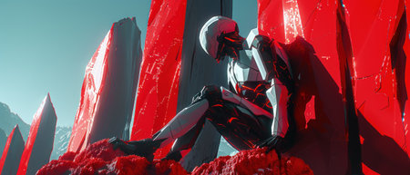 Represent the concept of strength through bold, angular shapes and contrasting colors, focusing on the theme of overcoming obstacles and resilienceの素材